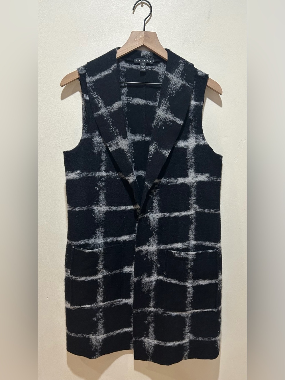Tribal Wool Black & Grey Shawl Collar Vest Cardigan Sweater - Women’s Size Small